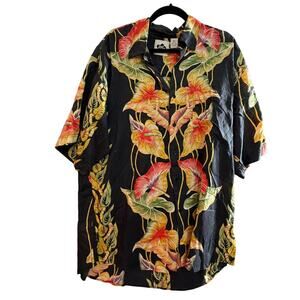 Hilo Hattie Silk Hawaiian Shirt Tropical Floral Black Aloha Camp Shirt Large